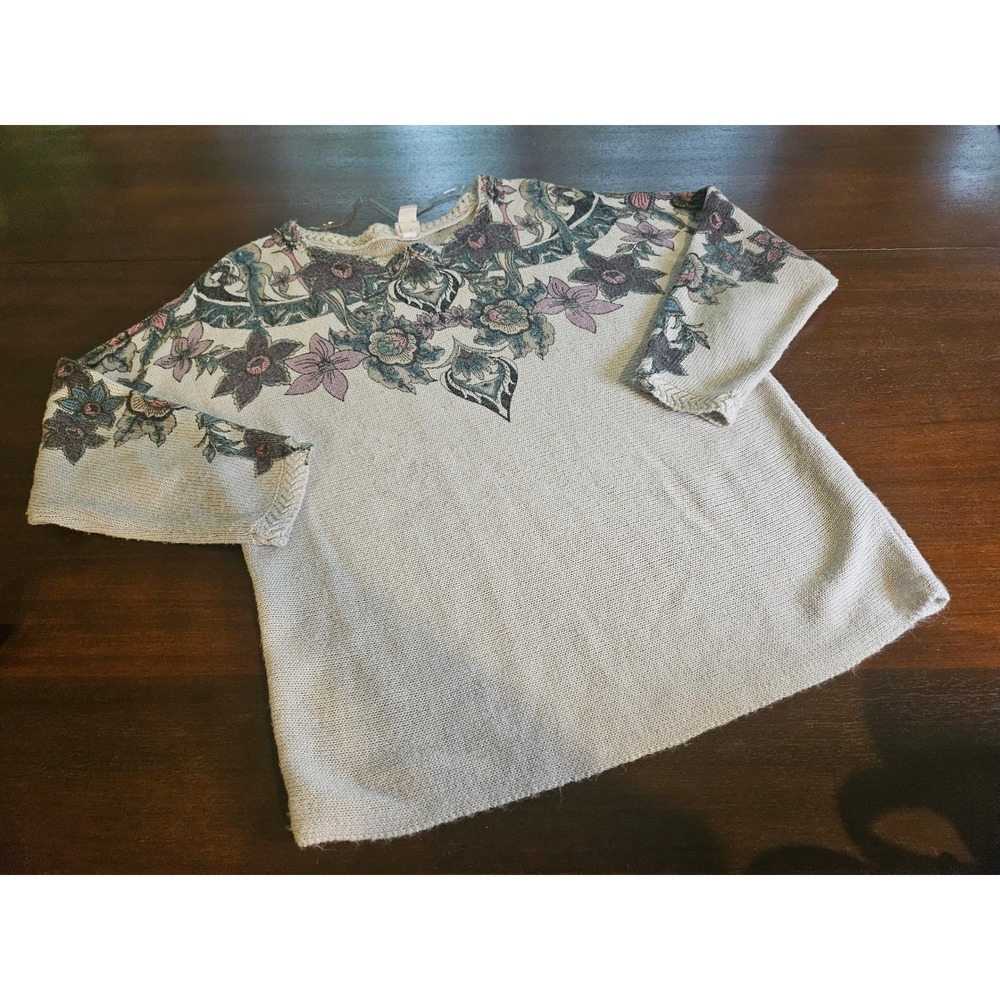 Chicos Knit Sweater Womens 2 Large Oatmeal Floral Scoop Neck 3/4 Sleeve